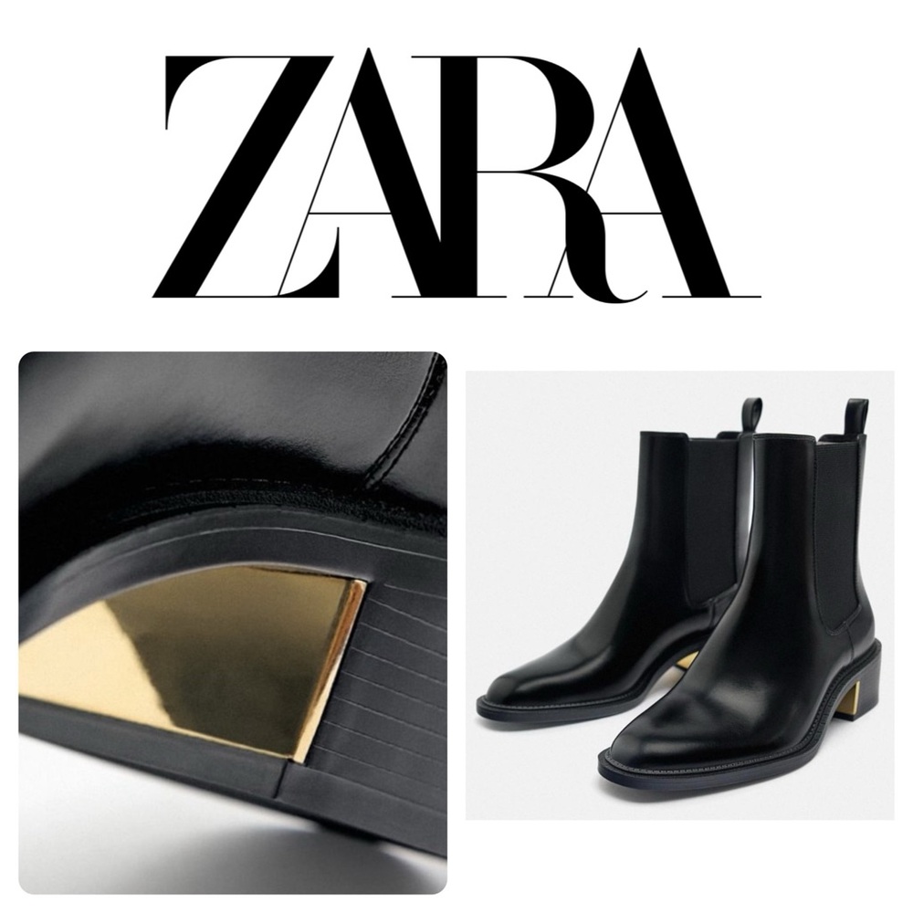 NEW ZARA Black Metallic Block Heeled Academia Ankle Chelsea Boots 40 (9)